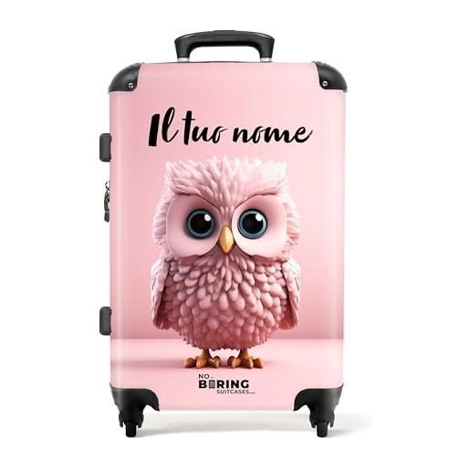 NoBoringSuitcases.com © valigia per bambini valigia per bambini valigia da viaggio bagaglio per bambini a 4 ruote, serratura tsa (personalizzato: gufo rosa su sfondo rosa), (valigia media 67x43x25 cm)
