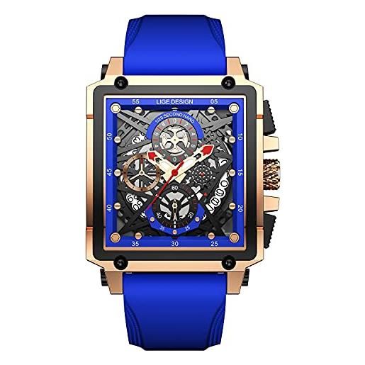 LIGE orologi da polso da uomo 30m impermeabile al quarzo analogico mutifuntional cronografo orologio per gli uomini orologio sportivo moda con cinturino in silicone blu