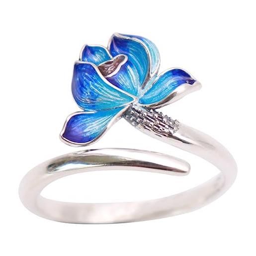 ForFox anello fiore di loto blu in argento sterling 925 anello smaltato cloisonne gioielli per donna ragazze aperto regolabile