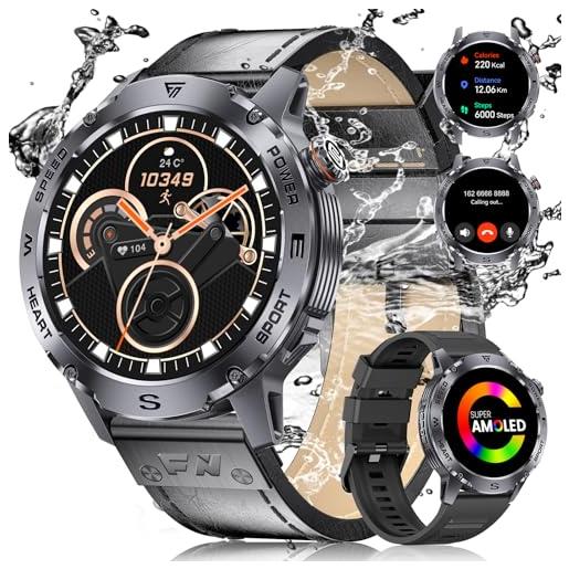ESFOE orologio smartwatch uomo chiamate, 1,43 amoled display orologio sportivo 100+ modalità sportive pressione cardiofrequenzimetro sonno notifiche messaggi 5atm impermeabile orologio intelligente pelle