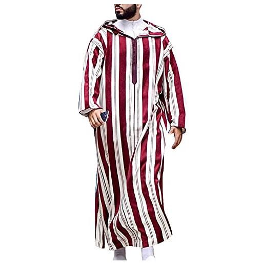 MANYMANY abito da uomo lungo musulmano in stile arabo da uomo con stampa linea rossa e bianca thobe marocchino con cappuccio