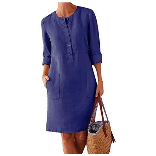 OMZIN donna abiti in cotone lino unicolore manica corta 3/4 con tasche blu reale m