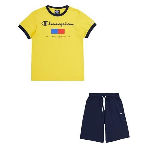 Champion legacy graphic shop b - new york crewneck t-shirt & shorts completo, giallo/blu marino, 9-10 anni bambini e ragazzi ss24