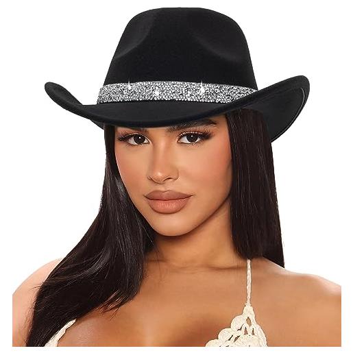HilyBony cappello da cowboy-cowgirl western da donna con strass cappello fedora jazz con fascia scintillante