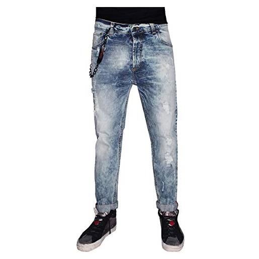 SaRani pantaloni jeans uomo casual over-d strappato denim cotone stone. Washed catena (50)