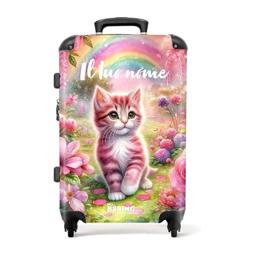 NoBoringSuitcases.com © valigia per bambini valigia per bambini valigia da viaggio bagaglio per bambini a 4 ruote, serratura tsa (gattino bianco-rosa con da fiori), (valigia media 67x43x25 cm)