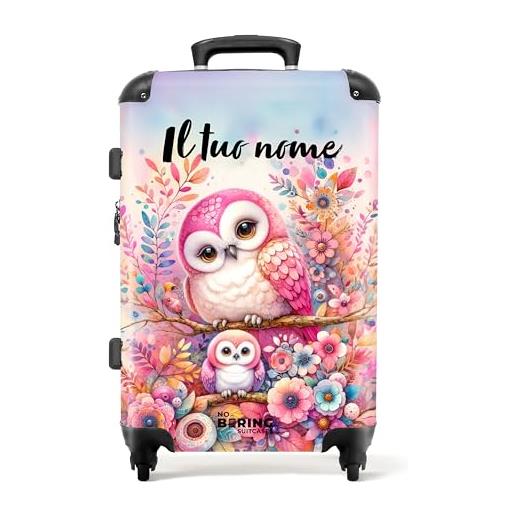 NoBoringSuitcases.com © valigia per bambini valigia per bambini valigia da viaggio bagaglio per bambini a 4 ruote, serratura tsa (personalizzato: due gufi rosa con fiori), (valigia media 67x43x25 cm)