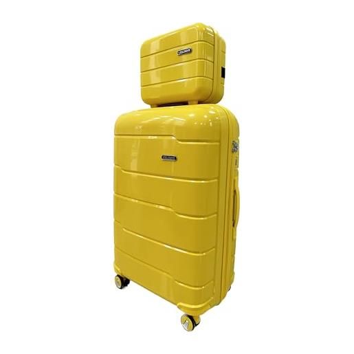 CELIMS valigia rigida e morbida in polipropilene, lucchetto tsa integrato, ultra leggero, 4 ruote doppie, giallo, grand + vanity, polipropilene ultraleggero