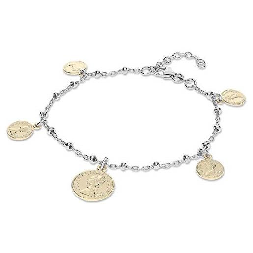 GioiaPura bracciale da donna bracciale rodio e monete pendenti dorate in argento 925, lungo 17cm + 3cm di regolazione con chiusura pappagallo. La referenza è gybarw0706-g