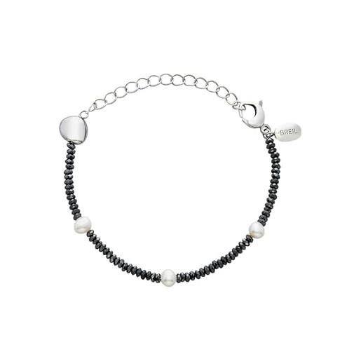 Breil gioiello collezione b rocks, bracciali da donna in acciaio, perle naturali colore argento misura 22 con ematite - tj3298