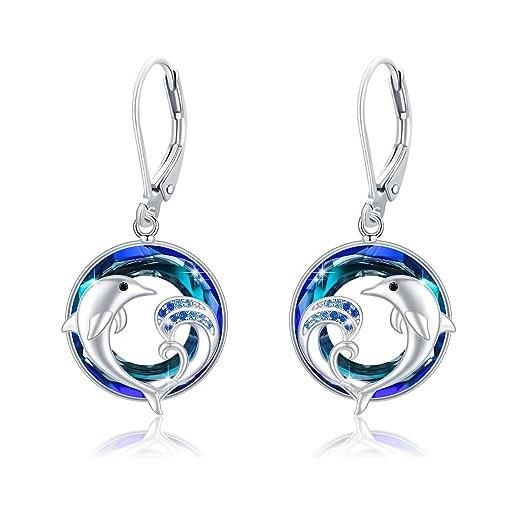 MEDWISE orecchini da donna a forma di delfino, in argento sterling 925, con cristalli blu, a goccia, con ciondolo a forma di delfino, gioielli per mamma e ragazza, donna, regalo di compleanno, argento