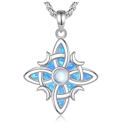 INFUSEU collana con nodo della strega, ciondolo in pietra di luna opale d'argento 925 simbolo di stregoneria wicca irlandese magia celtica gioielli di stregoneria antica regali per le donne