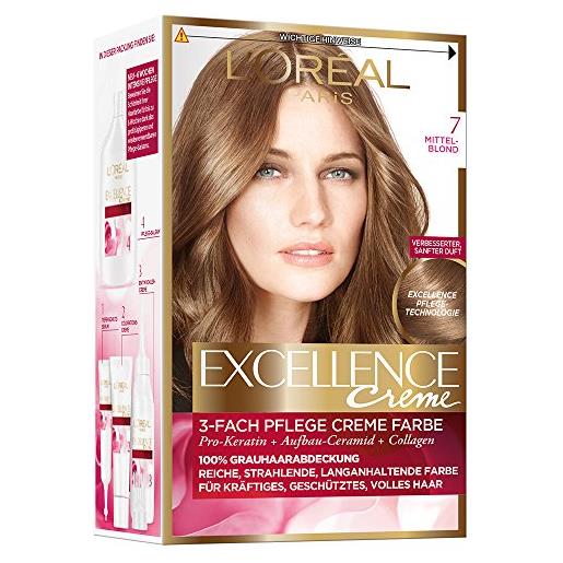 L'Oréal Paris excellence creme colorazione per capelli, 7-biondo medio, confezione da 3 pezzi