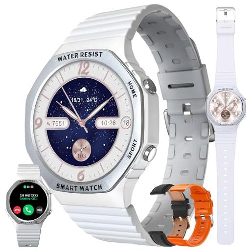 MYSHUN smartwatch donna chiamata bluetooth e risposta vivavoce, 1,32 amoled ip68 impermeabile orologio sportivo con misurazione pressione sanguigna, spo2, 3 bracciali, orologio per android ios (argento)