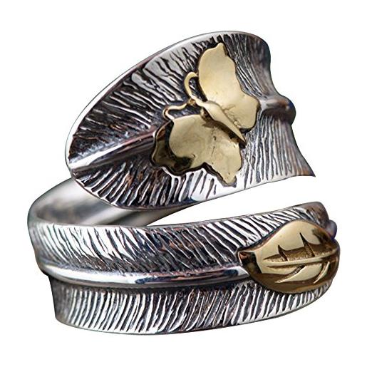 ForFox anello di piuma con la farfalla dorata in argento sterling 925 nero vintage per donna uomo regolabile