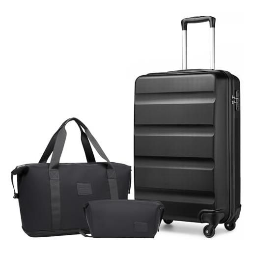 Kono set di valigie da viaggio in abs rigido con serratura tsa e borsa da viaggio espandibile e borsa da toilette, nero, luggage set 5 pcs, alla moda