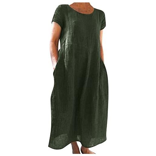 Generisch abito in lino da donna, estivo, casual, scollo rotondo, a maniche corte, abito lungo, taglie grandi, in lino, tinta unita, per il tempo libero, con tasche, a verde. , xxxl