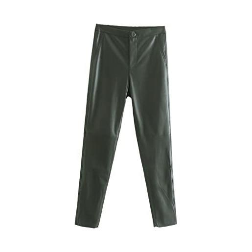 SXBYIAEG autunno donne a vita alta stretti pantaloni in pelle sintetica femminile vintage in pile nero pu skinny pantaloni, 9623 verde scuro, m