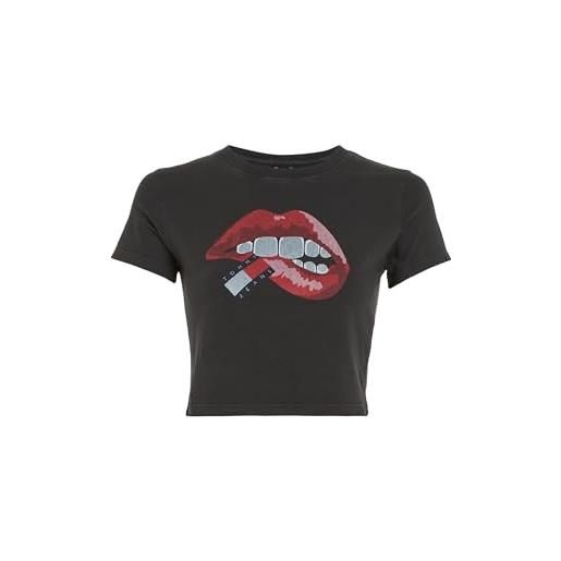 Tommy Hilfiger tommy jeans tjw slim crp washed tj lips tee t-shirt, nero e argento, m donna