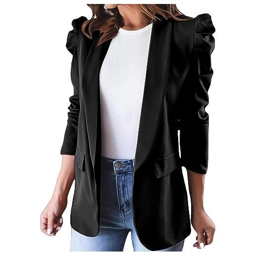 Yeooa donna blazer giacca casual lapel puff manica lunga cardigan giacca leggera giacca lavoro ufficio con tasche (nero, l)