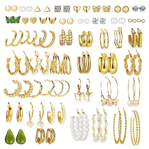 LOCCY 45 paia di orecchini d'oro per donne ragazze orecchini a cerchio boho orecchini a goccia orecchini di perle orecchini a farfalla multipack orecchini di dichiarazione bulk per regalo
