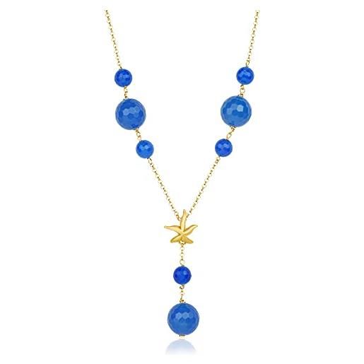 MISIS - collana donna con pietra agata blu - stella marina in argento 925 placcato oro 18kt - 45 cm - made in italy