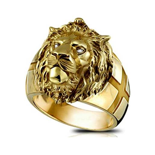 PikaLF anello con testa di leone in oro per uomo, anello con leone vichingo norvegese con strass cristallo occhio, in metallo pesante, anello con leone totem amuleto punk, metallo