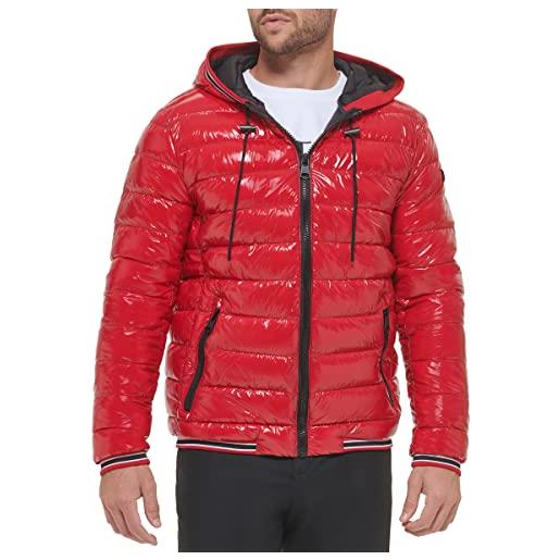Calvin Klein giacca con cappuccio da uomo super shine puffer, vero rosso, s