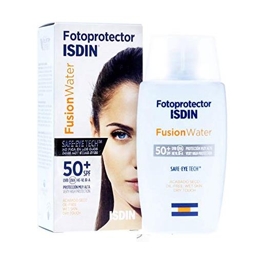 ISDIN, fusion water, spf 50+, fotoprotettore, con tecnologia eye tech che non brucia gli occhi, per pelli atopiche, 50 ml