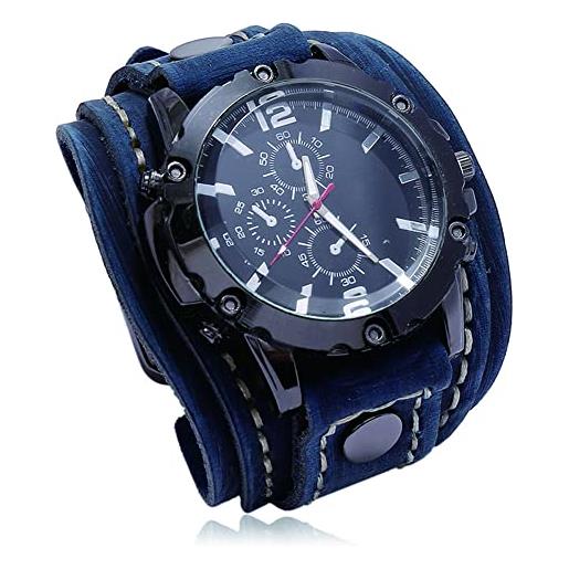 ZFSBRTL orologio uomo pelle, orologio al quarzo con incisione vintage nordico bracciale vichingo | regalo per il 1° anniversario, regalo compleanno | gioielli motociclista steampunk, blu