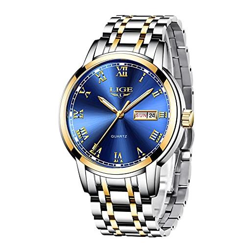 LIGE orologi uomo acciaio inossidabile impermeabile sportivo quarzo analogico orologio data (blue)