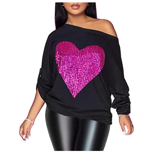 PESION delle donne fuori dalla spalla top sexy lucido camicie lunghe/maniche corte moda grafica t-shirt camicette, nero+viola cuore, l