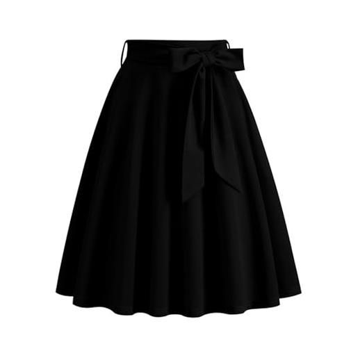 LinZong women's high waist a-line skirt with pockets, loose tie-waist flare midi skirts, casual work office pleated retro skirt (black, xxl)