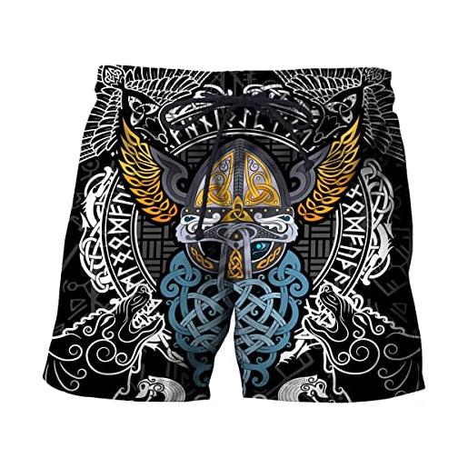 VZXATYOP tuta da uomo viking warrior shorts, t-shirt grafica 3d tattoo odin, streetwear sportivo casual, felpa con cappuccio stampata all over, shorts, xl