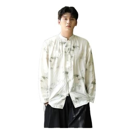 Lmtossey camicia da uomo stile etnico stile cinese camicia a maniche lunghe stampata in seta di ghiaccio anti-rughe retrò hanfu camicia, bianco, 3xl