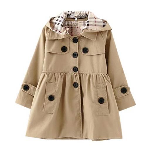 Petalum - cappotto da bambina, con cappuccio, per primavera e vento, gonna lunga, svasata, con maniche lunghe, per bambini da 4 a 10 anni kaki 1 10 anni