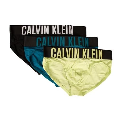 Calvin Klein slip uomo ck mutande confezione 3 capi cotone elasticizzato elastico a vista logato articolo nb3607a, og5 black, ocean depths, shadow lime, l
