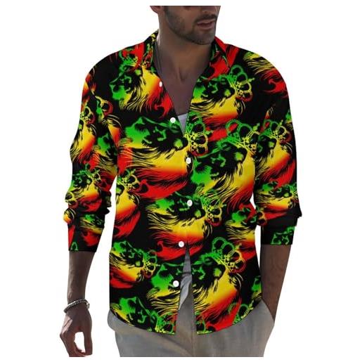 FJQWKLF camicia hawaiana a maniche lunghe abbottonata da uomo rasta lion camicie da spiaggia estive stampate casual
