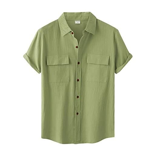 Generic estate casual allentato cotone lino camicia tinta unita mezza manica top per uomo e donna _ (jv295), verde, xxxl