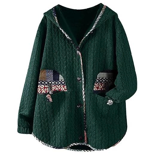 Vagbalena giacca leggera trapuntata a tinta unita da donna colore puro cappotto button down accogliente d'inverno allentato stile etnico stampato manica lunga. (verde, l)