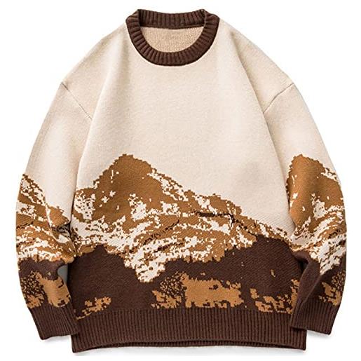 SKINII men's fashion hoodies， hip hop sweater men's snow mountain knitted pullover men's super casual pullover (color: thin-brown, size: l)