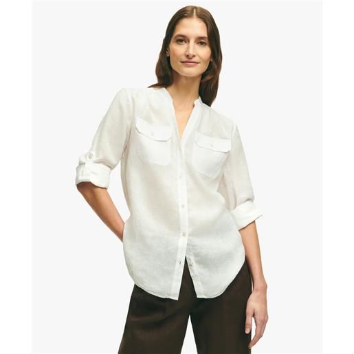 Brooks Brothers white v-neck linen utility shirt