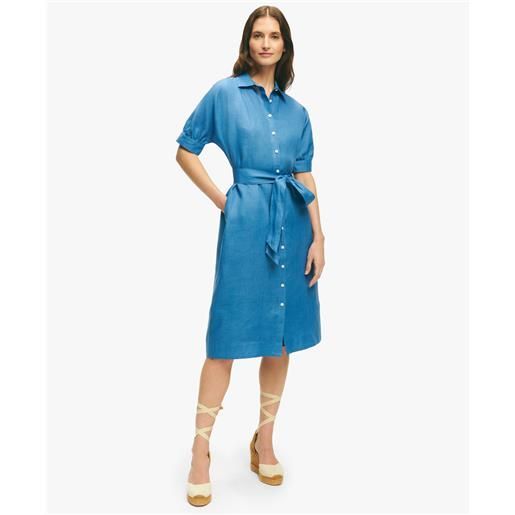 Brooks Brothers blue linen puff sleeve belted shirt dress