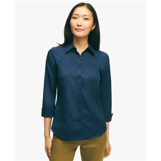 Brooks Brothers navy fitted stretch cotton sateen three-quarter sleeve blouse