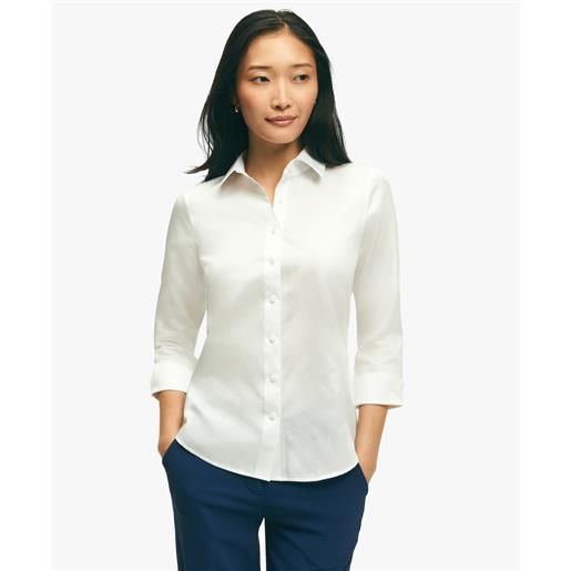 Brooks Brothers white fitted stretch cotton sateen three-quarter sleeve blouse