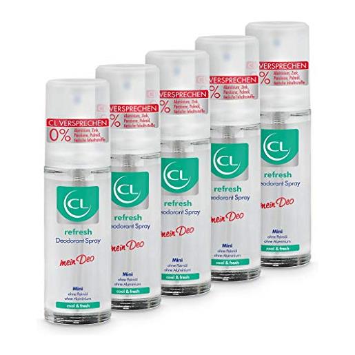 CL deodorante spray rinfrescante con effetto di raffreddamento - 5x 20 ml deodorante spray senza alluminio, zinco fornisce freschezza - deodorante vegano uomini, donne - deodorante antibatterico