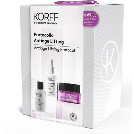 Korff cofanetto protocollo antiage lifting gly soluzione esfoliante 30ml + biorevitalizing ha siero 30ml + lifting crema viso gel 50ml