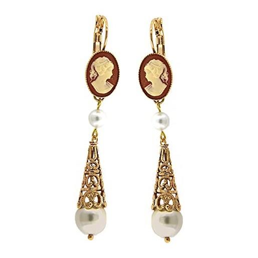Mokilu' - gioielli - orecchini vintage - donna - ottone dorato 24kt - cammeo e perle - pendente