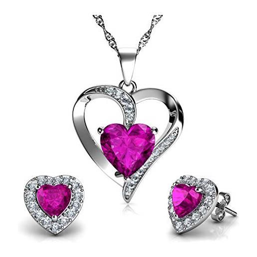 DEPHINI - set di collana e orecchini a forma di cuore - argento sterling 925 - orecchini con cristallo rosa e pietra portafortuna - set di gioielli da donna - zirconia cubica