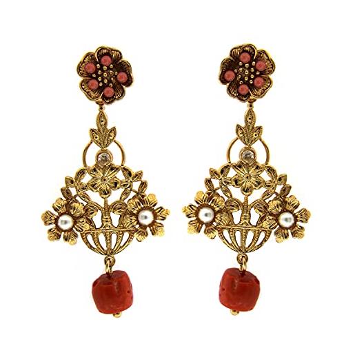 Mokilu' - gioielli - orecchini vintage - donna - ottone dorato 24kt - motivo floreale - pietra rossa - corallo naturale